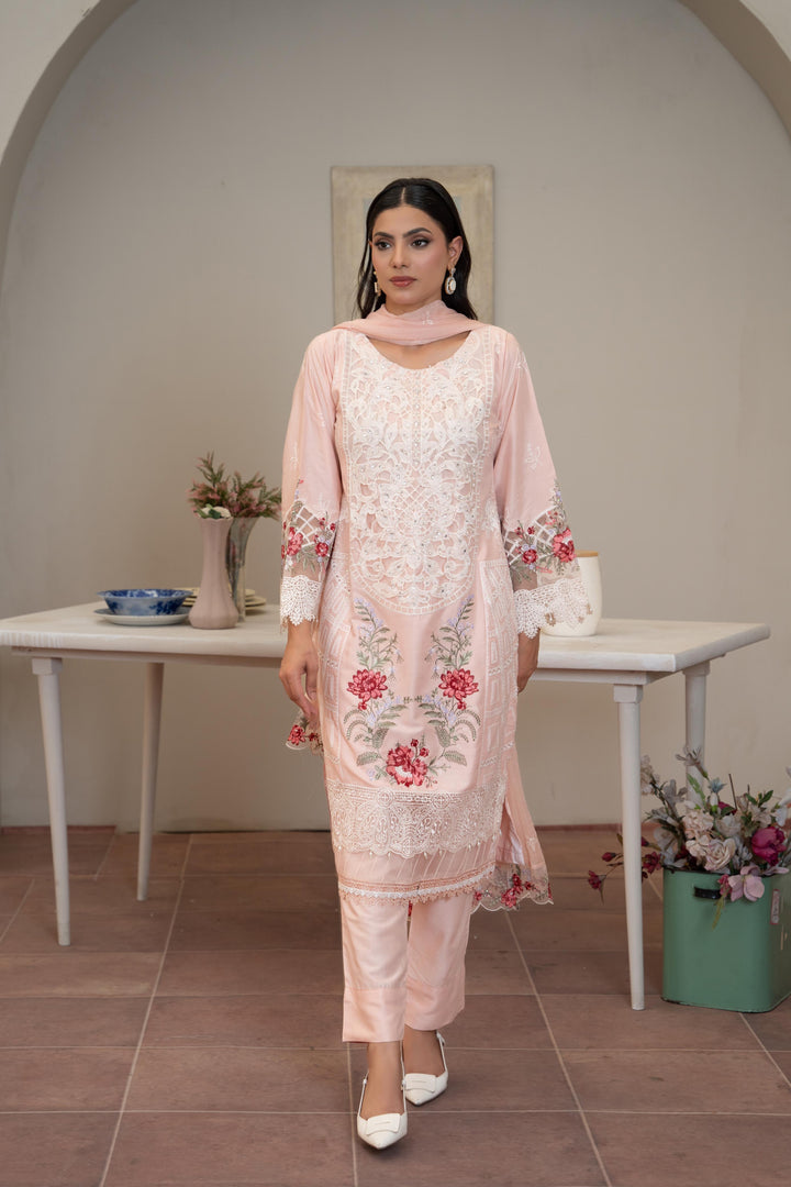 1141D - Peach Embroidered Linen 3 Piece suit