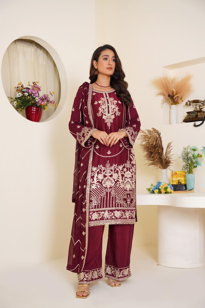 MAROON EMBROIDERED SILK 3 PIECE SUIT AG15c