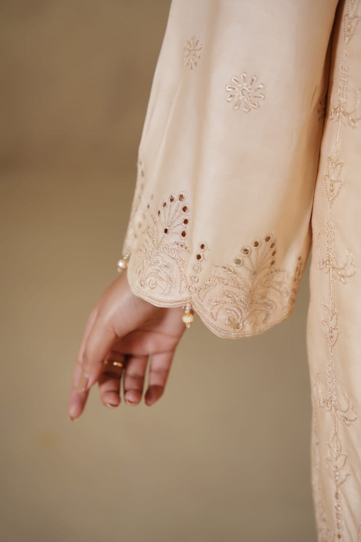 1167E- BEIGE LINEN CHIKANKARI 3 PIECE SUIT