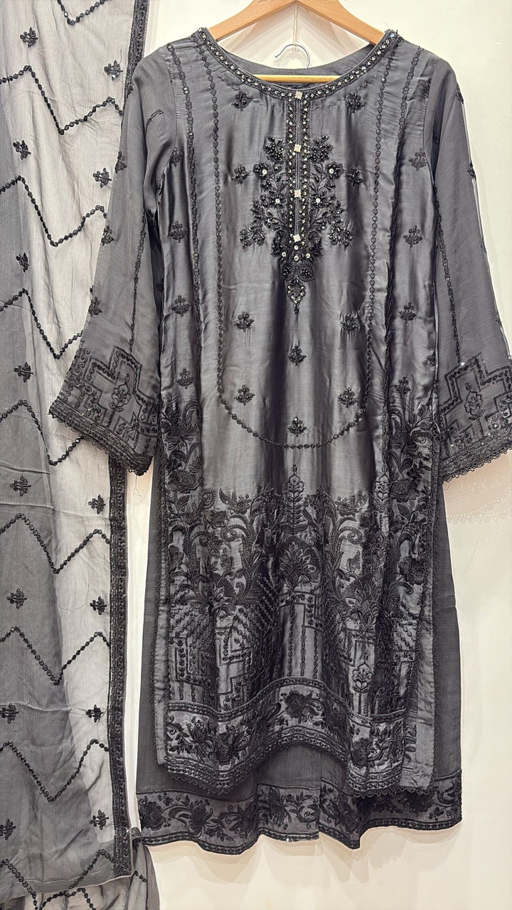 GREY EMBROIDERED SILK 3 PIECE SUIT AG15b