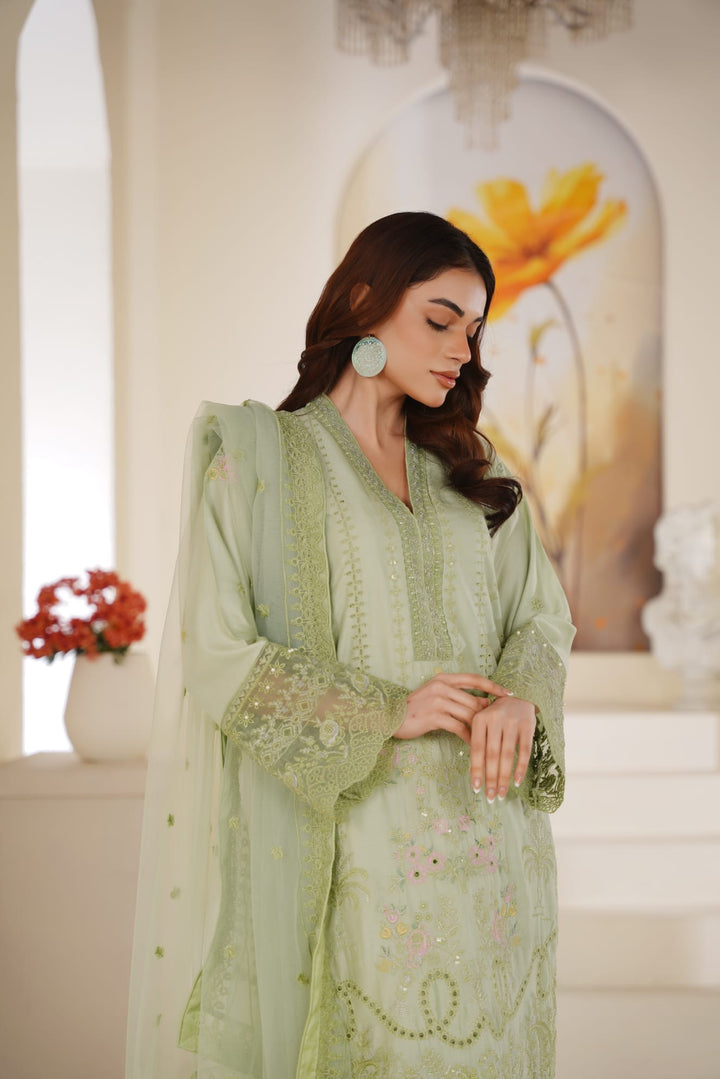 1165A - Light Green Embroidered Linen Chikankari 3 Piece suit