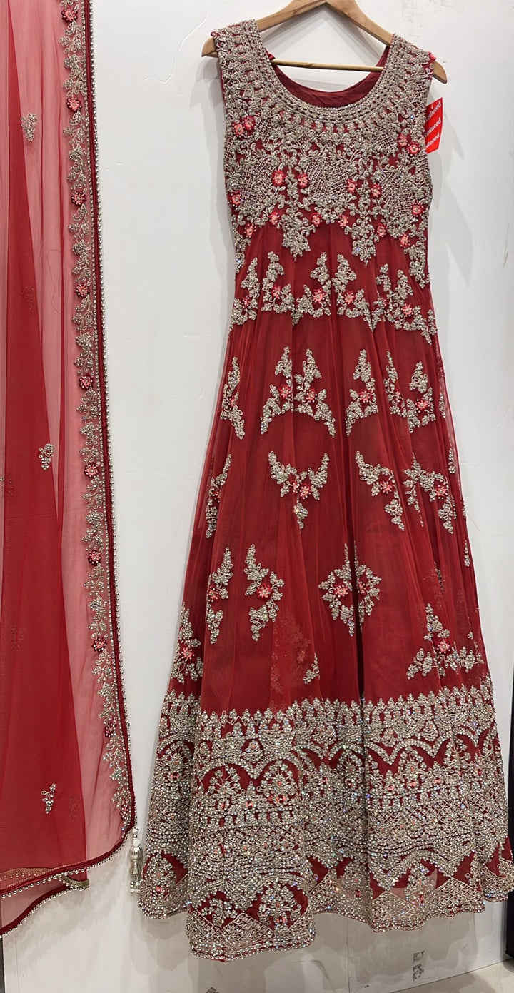 7015E- Red Embroidered & Embellished net long dress