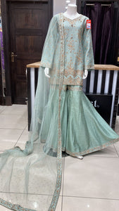 HEAVY EMBROIDERED RAW SILK SHARARA SUIT 1690A
