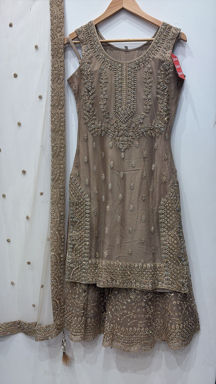 7002A- DARK BEIGE EMBROIDERED & EMBELLISHED SHARARA SUIT
