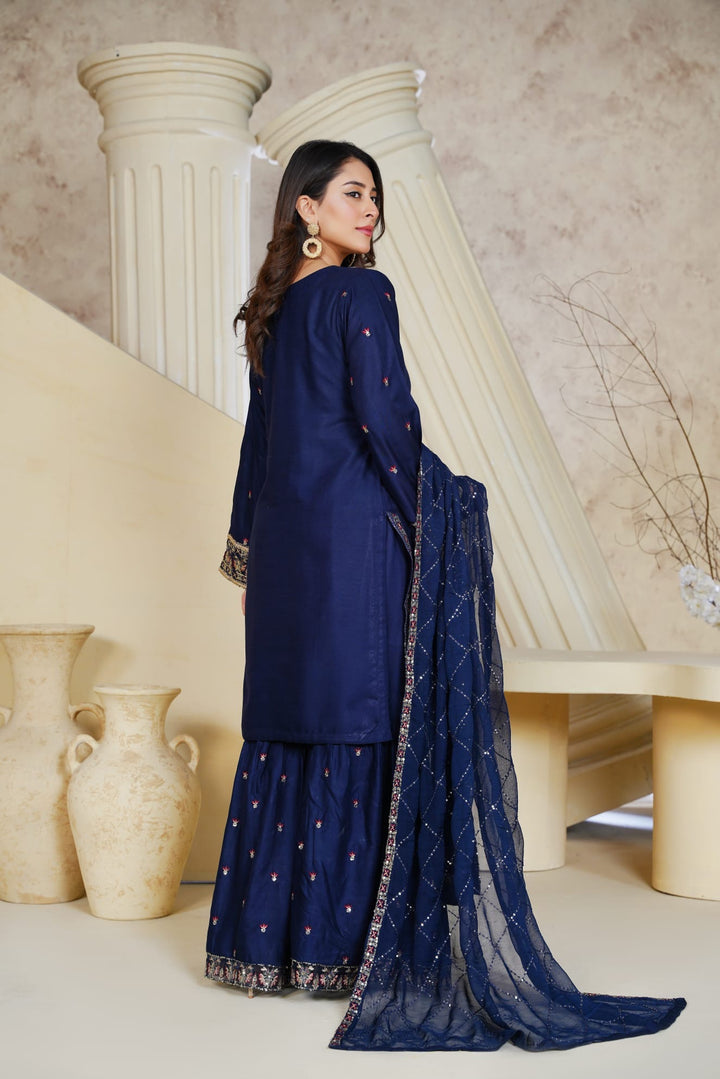 1162D - Blue Embroidered Linen 3 Piece Sharara suit