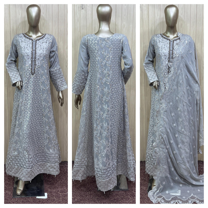 1915B - GREY CHIFFON EMBROIDERED LONG DRESS - East meets west clothing 