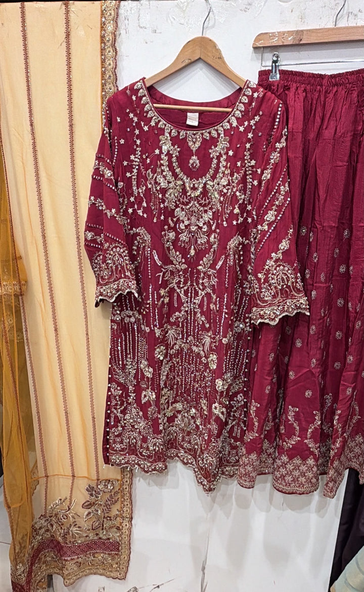 380D Embroidered Chiffon 3 Piece Sharara Suit - East meets west clothing 