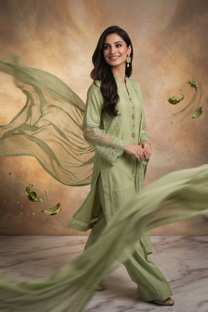 1114C - Light Green Embroidered Linen 3 Piece suit