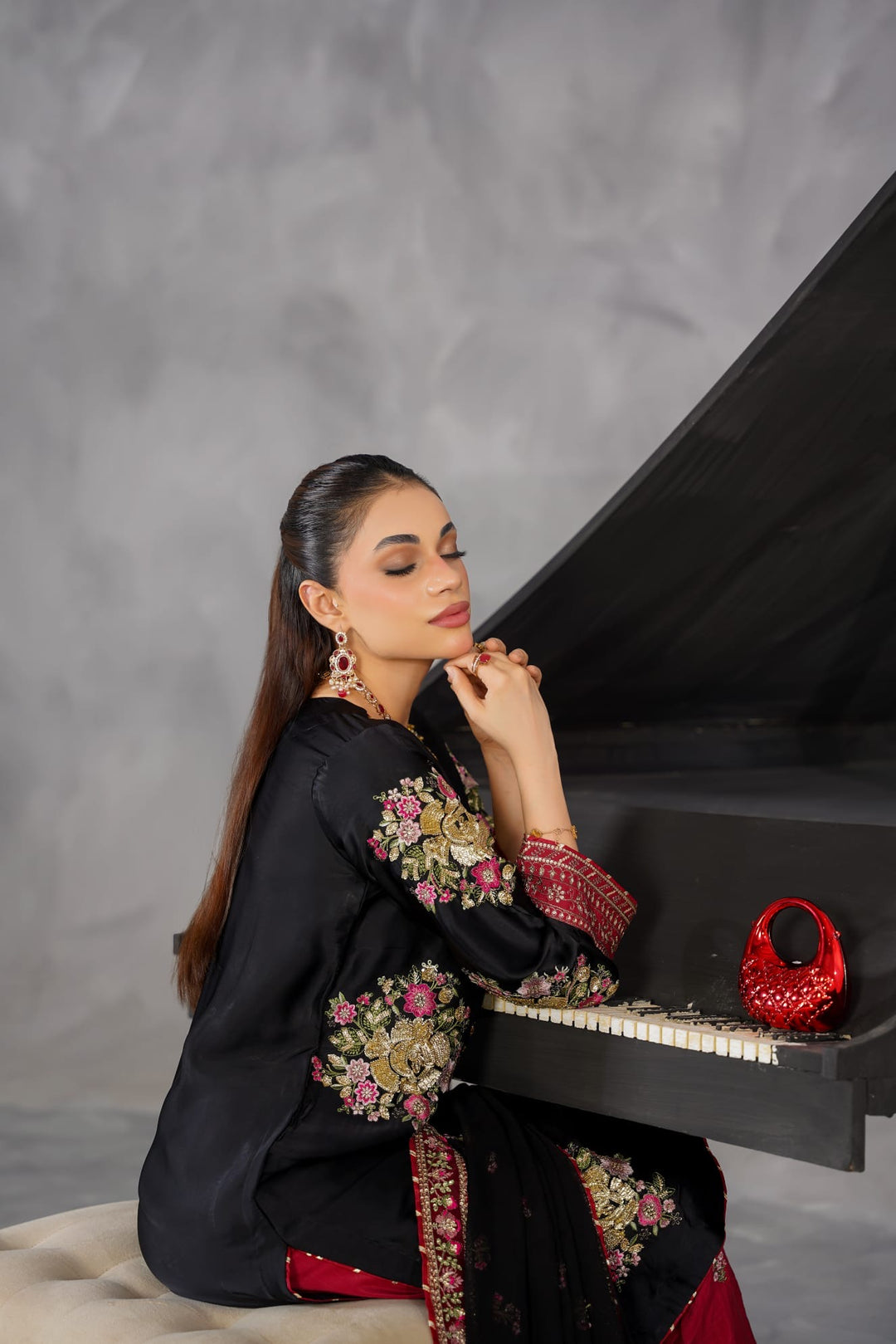 335C- Black/Red Embroidered Shamoz Silk 3 Piece Suit