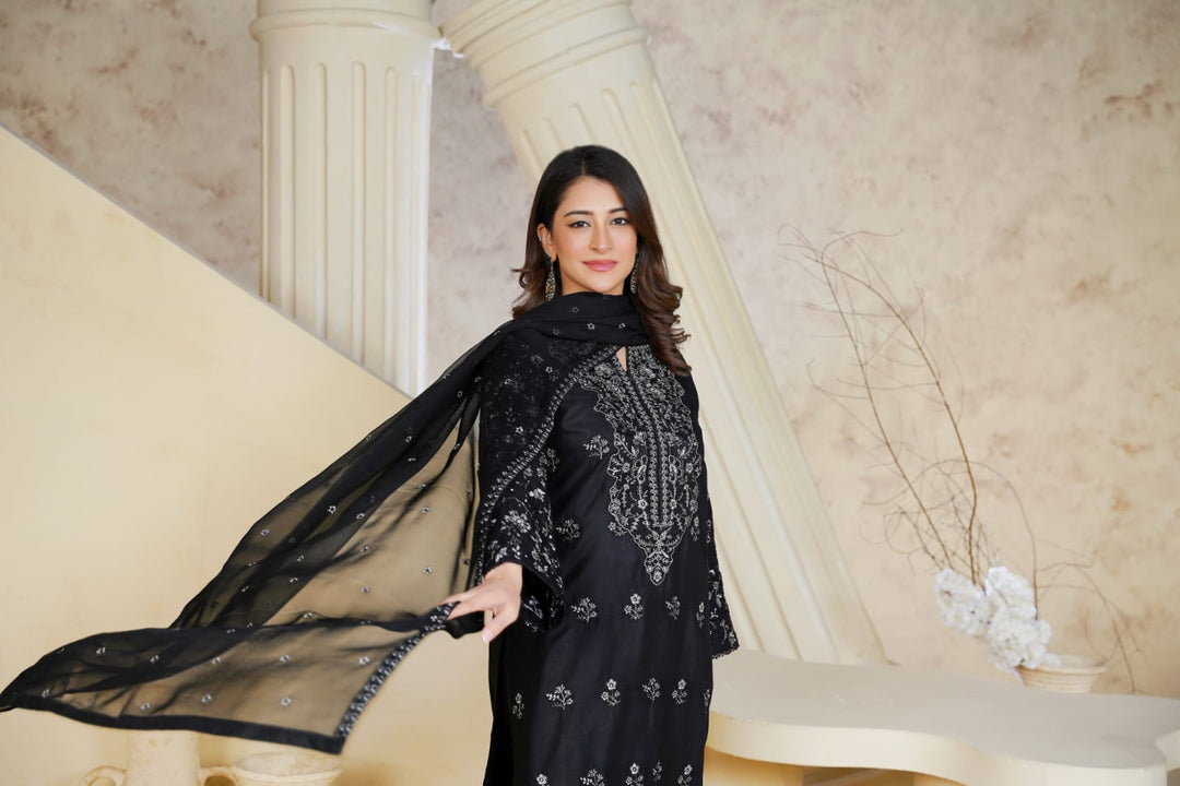 1164C- BLACK LINEN EMBROIDERED 3 PIECE SUIT FARSHI SHALWAR