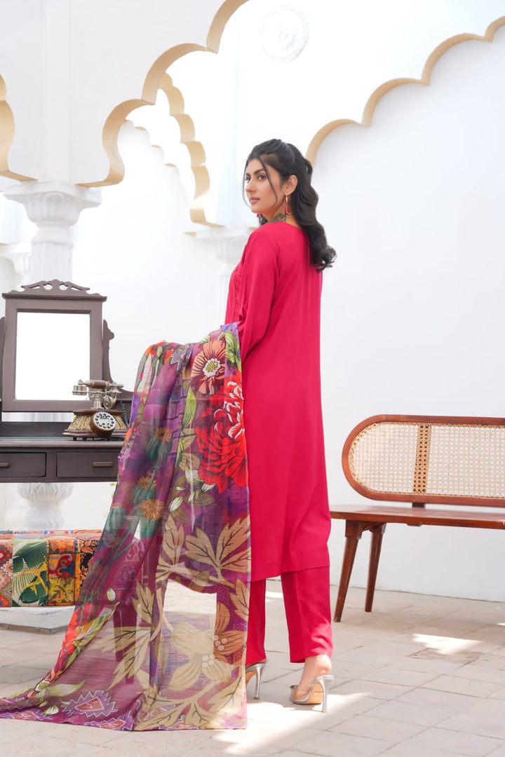 LP07C - RED EMBROIDERED LINEN 3 PIECE SUIT