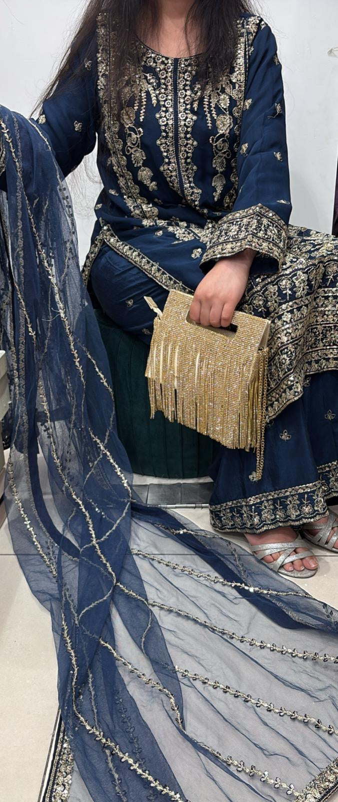 386A - BLUE CHIFFON EMBROIDERED SHARARA SUIT