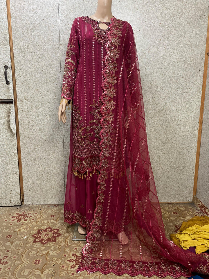 379A - EMBROIDERED CHIFFON SHARARA SUIT