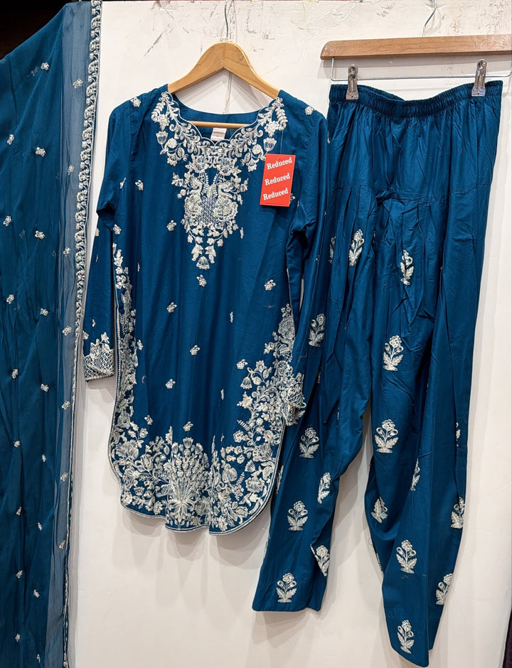 1128E - Blue Viscose Shirt with Farshi Shalwar & Chiffon