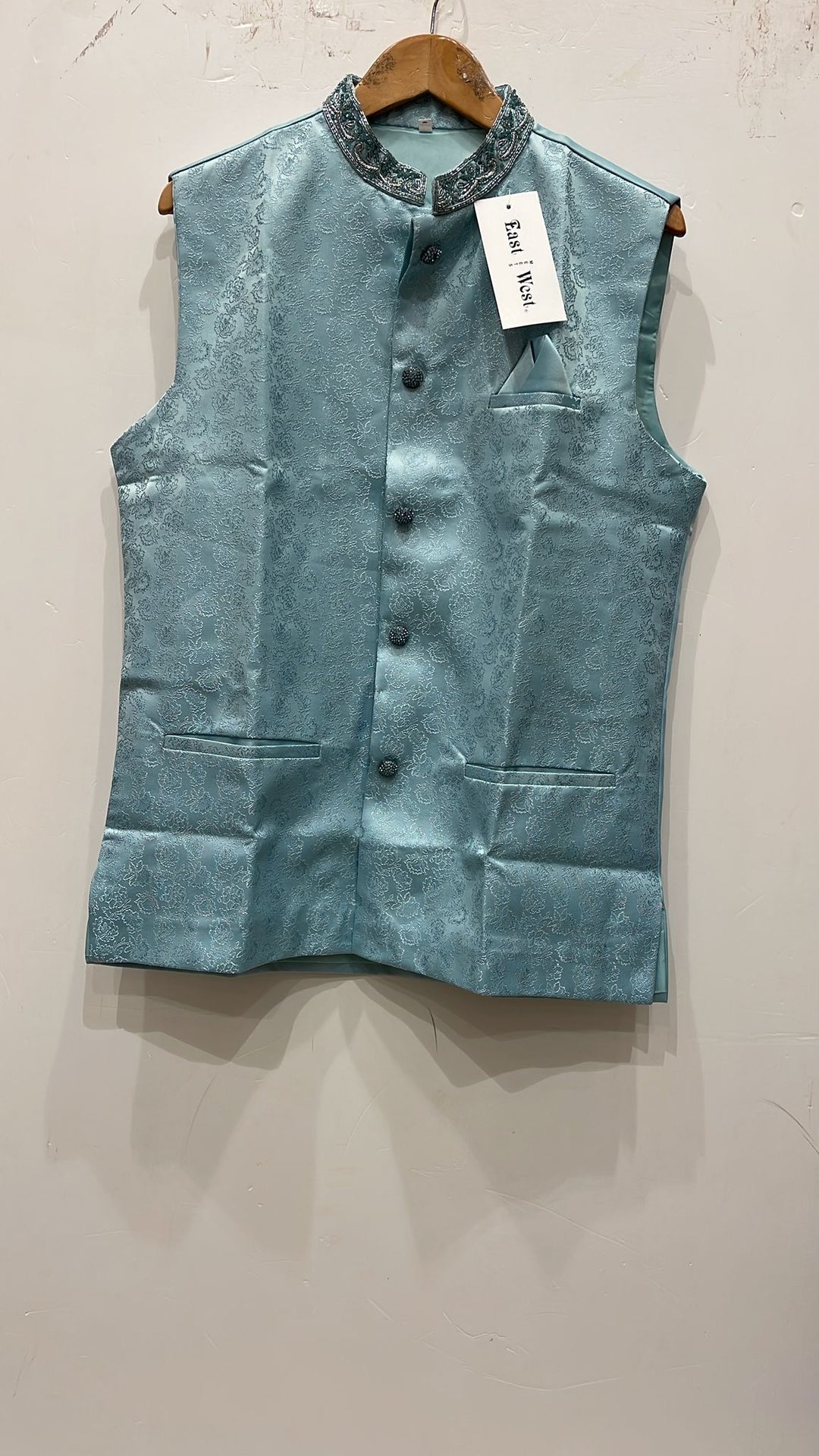 CW73D - LIGHT BLUE EMBROIDERED JACQUARD SILK WAISTCOAT