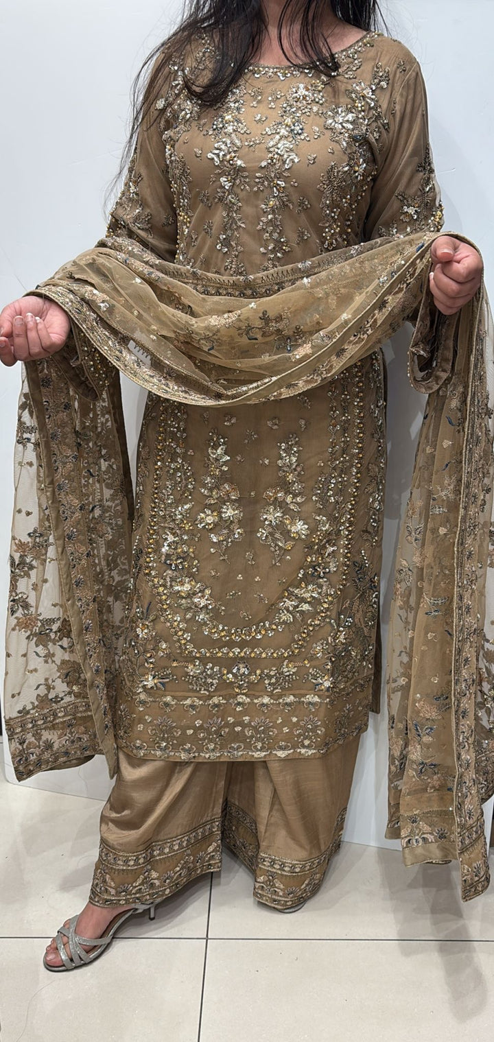 BEIGE GOLD EMBROIDERED & EMBELLDHED 3 PIECE SUIT 349B