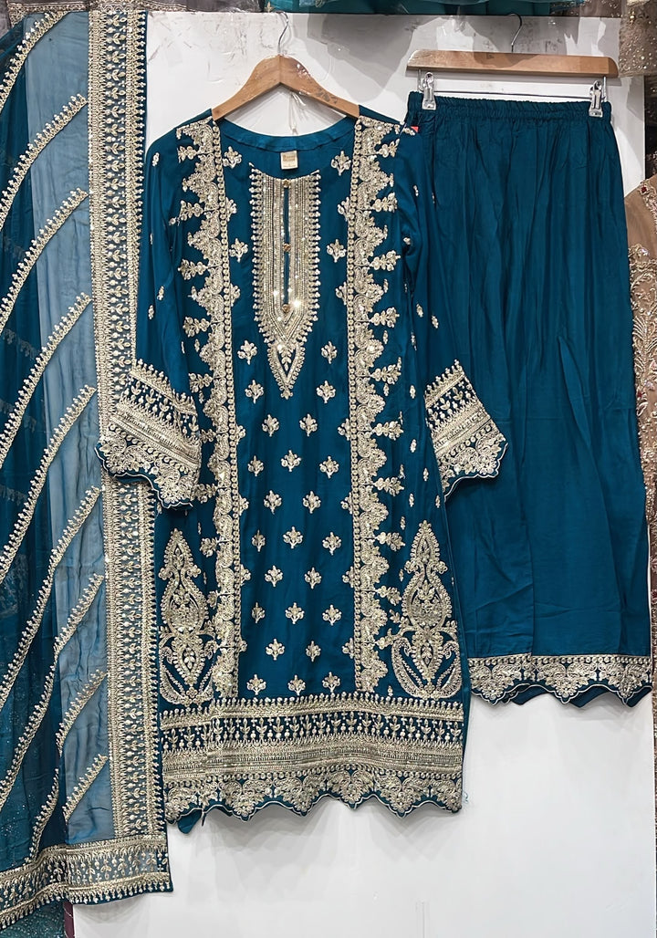 1961B Teal Embroidered Viscose Hand Work 3-Piece Suit - East meets west clothing 