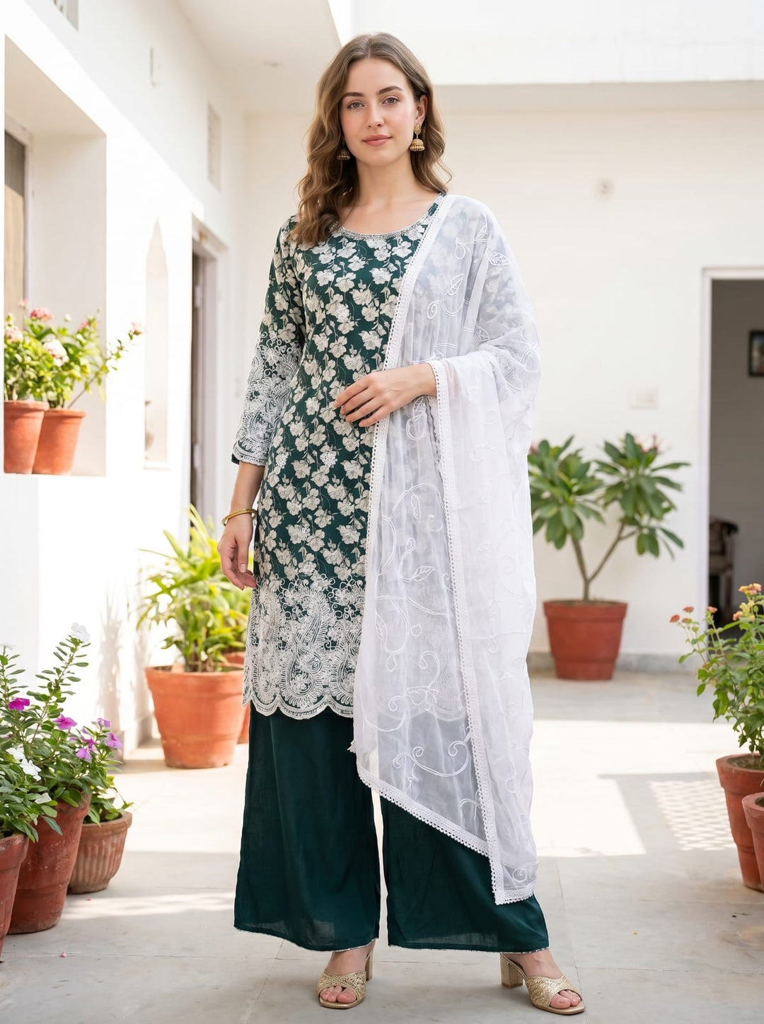 LK04 - GREEN EMBROIDERED LAWN PRINT 3 PIECE SUIT
