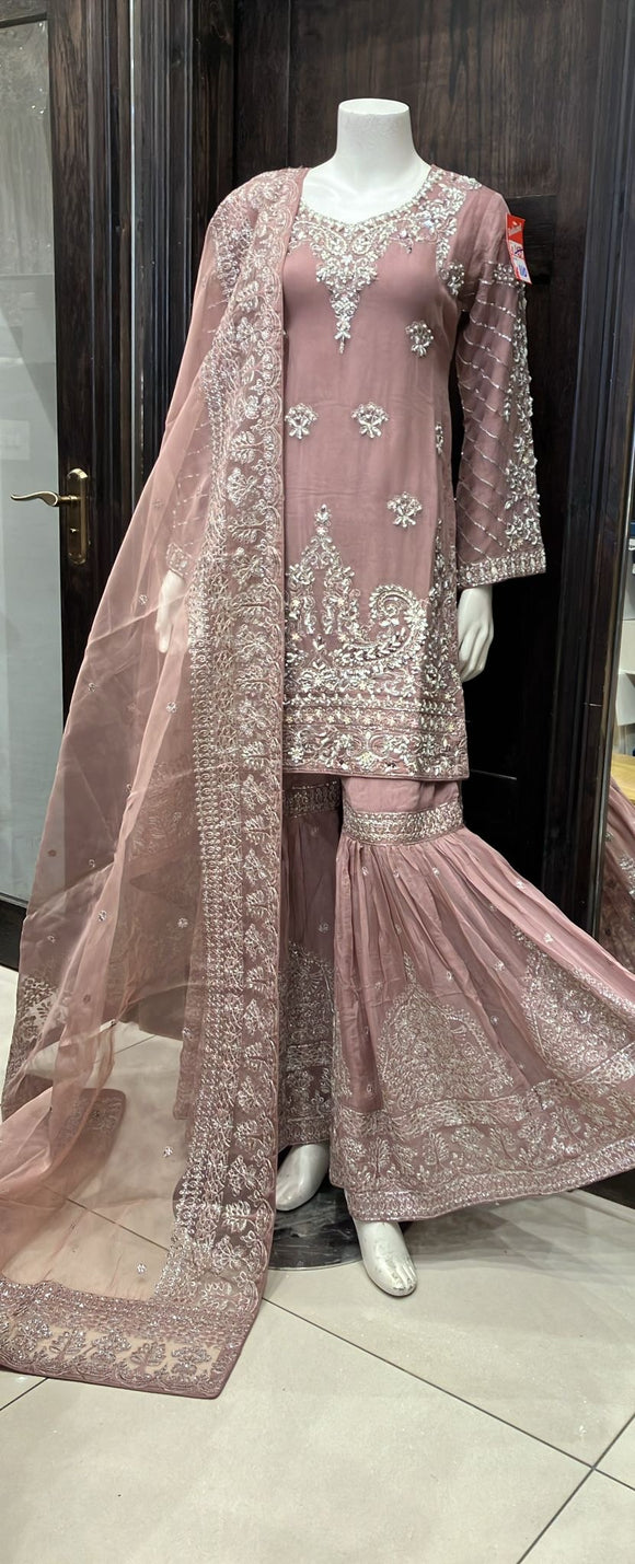 DARK MAUVE EMBROIDERED CHIFFON GHARARA SUIT 0194G