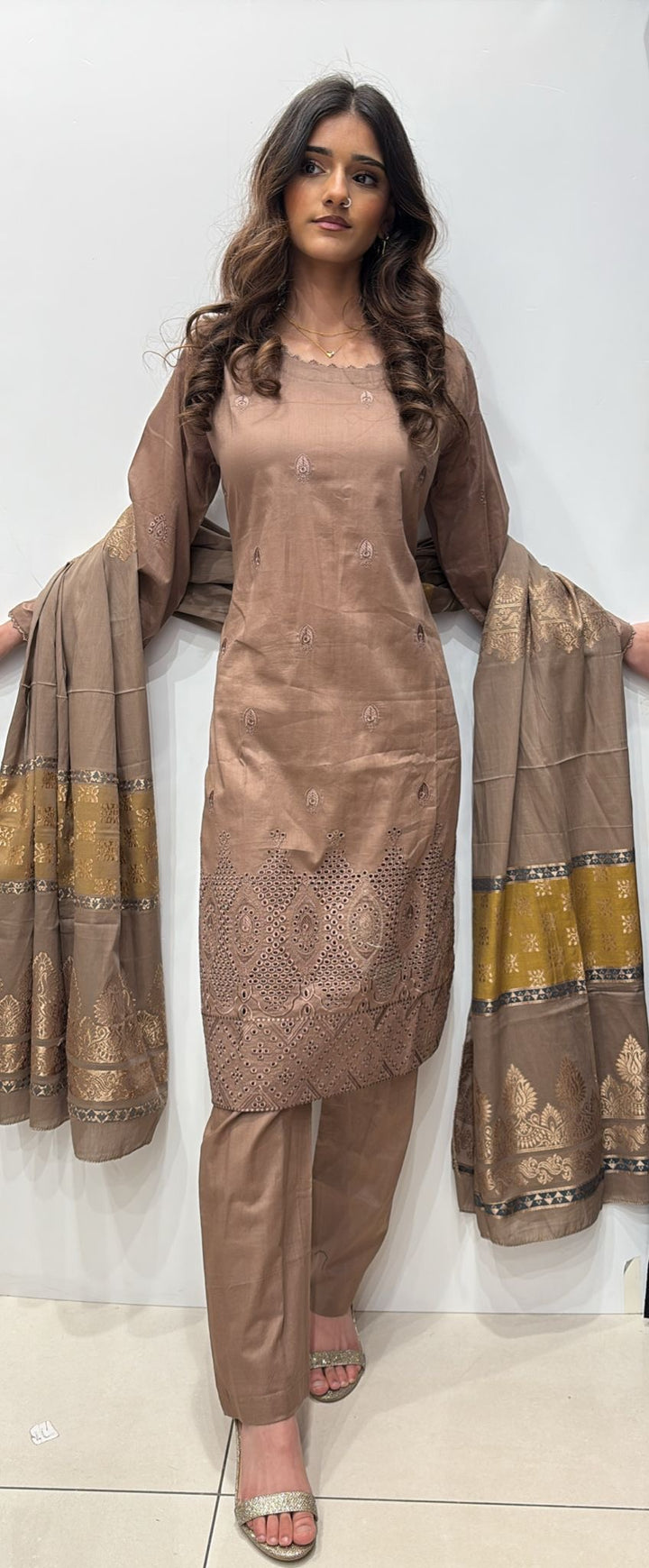 DBR04 - FAWN BEIGE EMBROIDERED COTTON SUIT JACQUARD DUPATTA