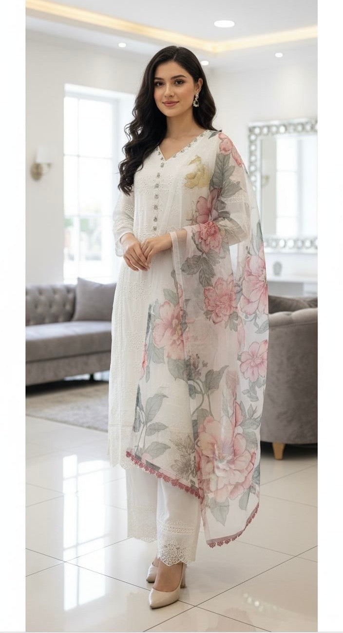EMBROIDERED CHIKANKARI COTTON 3 PIECE SUIT 147D