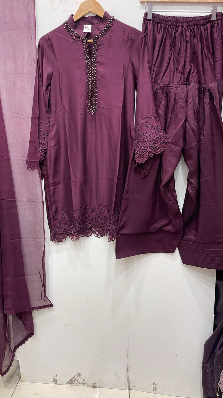 NF09 - Purple Farshi Shalwar Embroidered linen suit