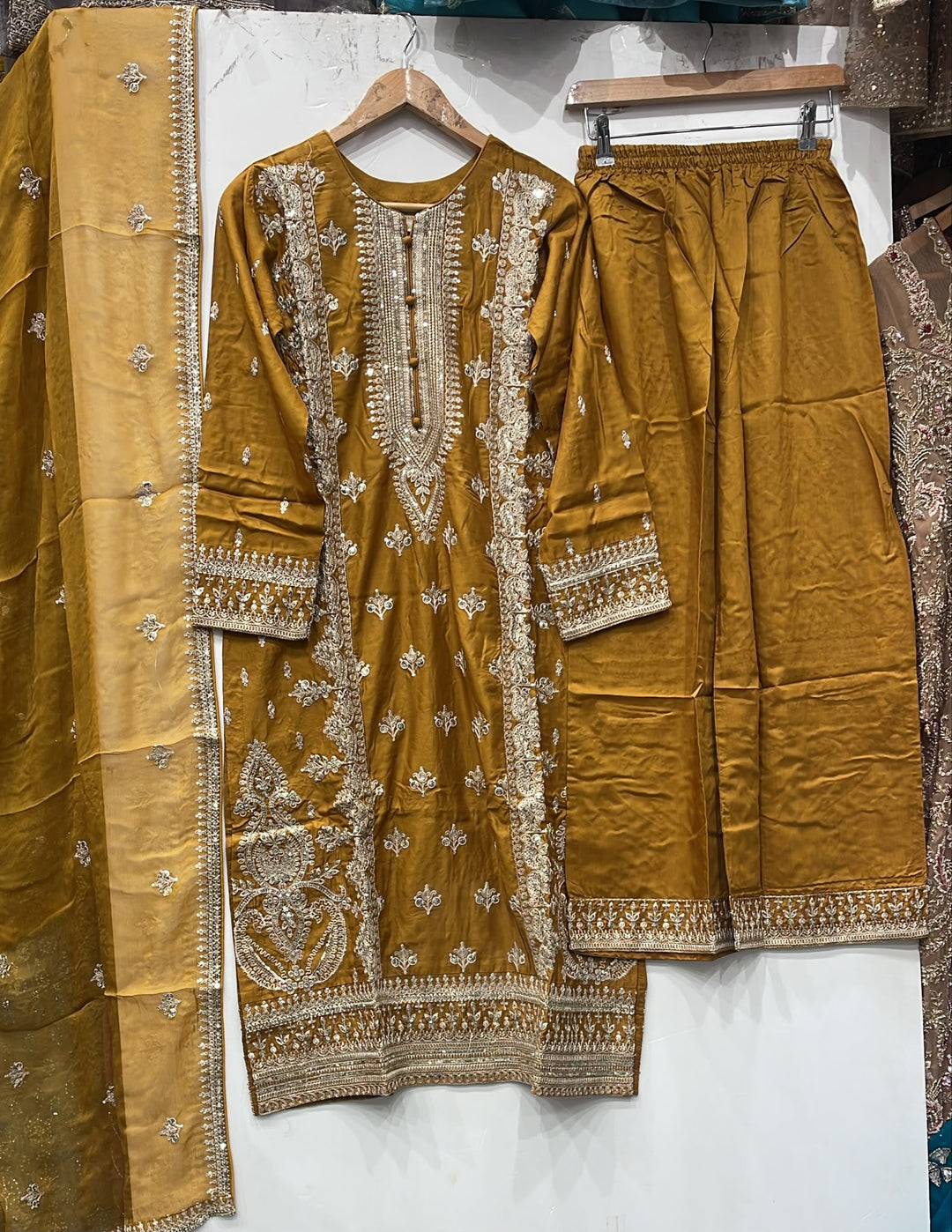 1153A - Mustard Embroidered Viscose Hand Work 3-Piece Suit - East meets west clothing 