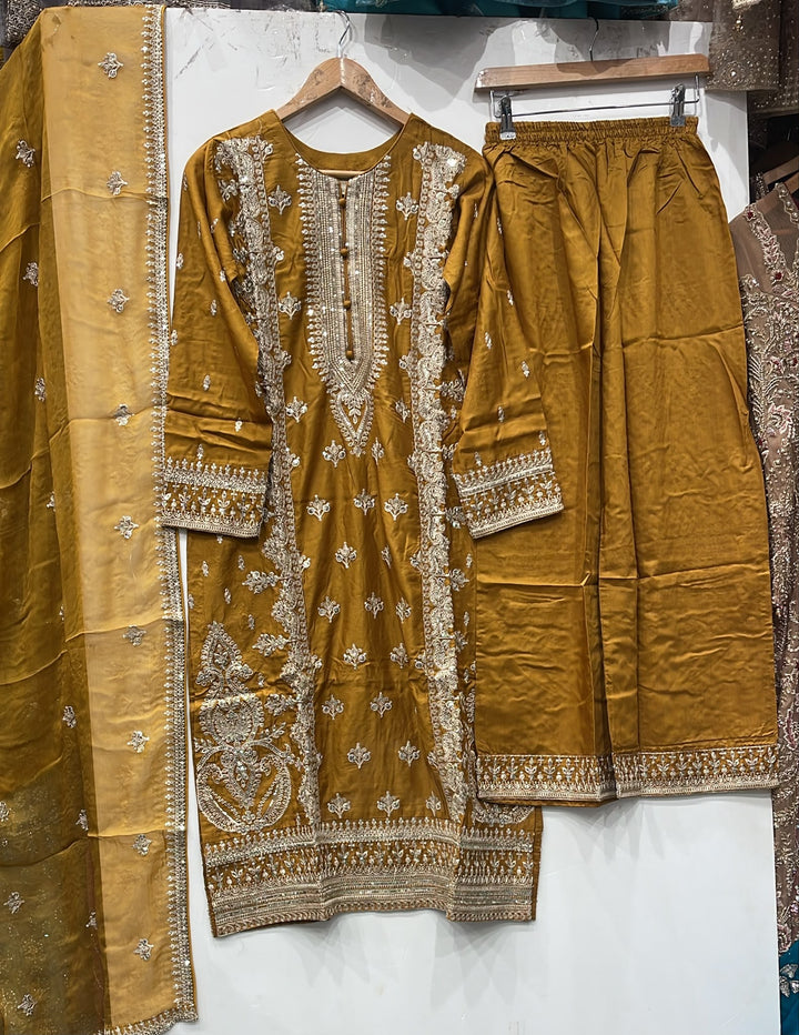 1153A - Mustard Embroidered Viscose Hand Work 3-Piece Suit - East meets west clothing 