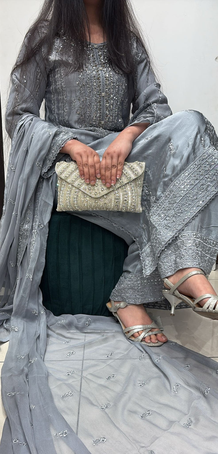AG21a- GREY EMBROIDERED SILK 3 PIECE SUIT