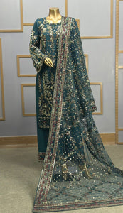 TEAL EMBROIDERED & EMBELLDHED 3 PIECE SUIT 349C