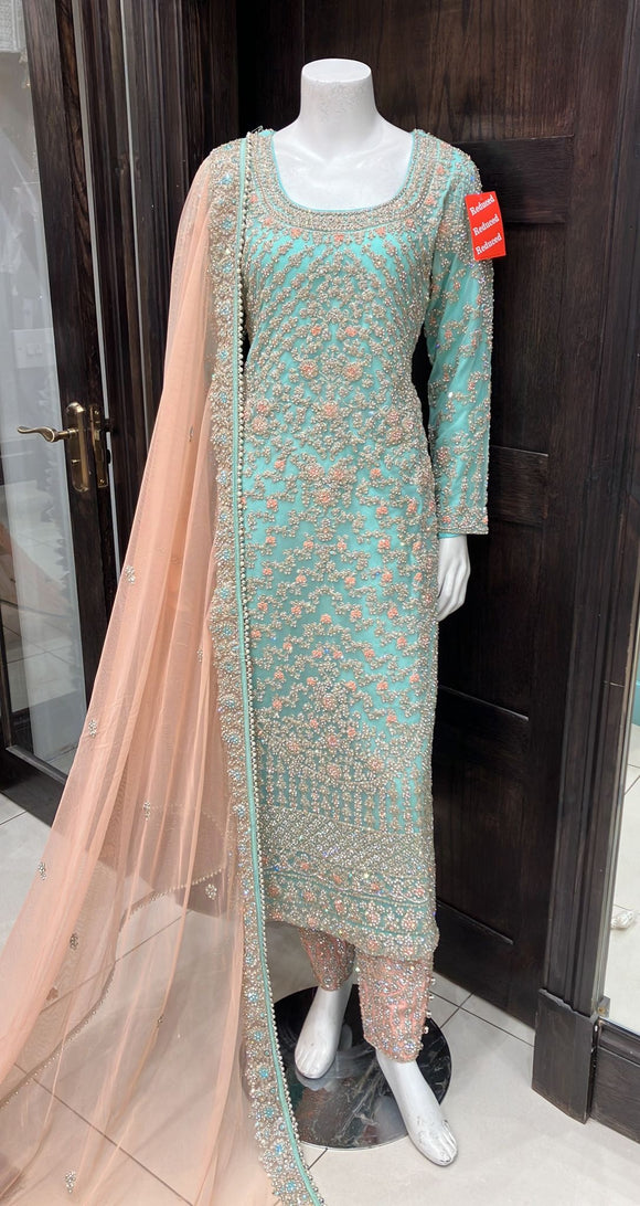 HEAVY EMBROIDERED & EMBELLISHED 3PC SUIT 0182B
