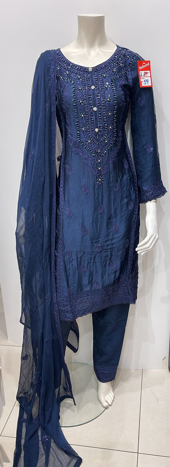 BLUE EMBROIDERED SILK 3 PIECE SUIT AG47A