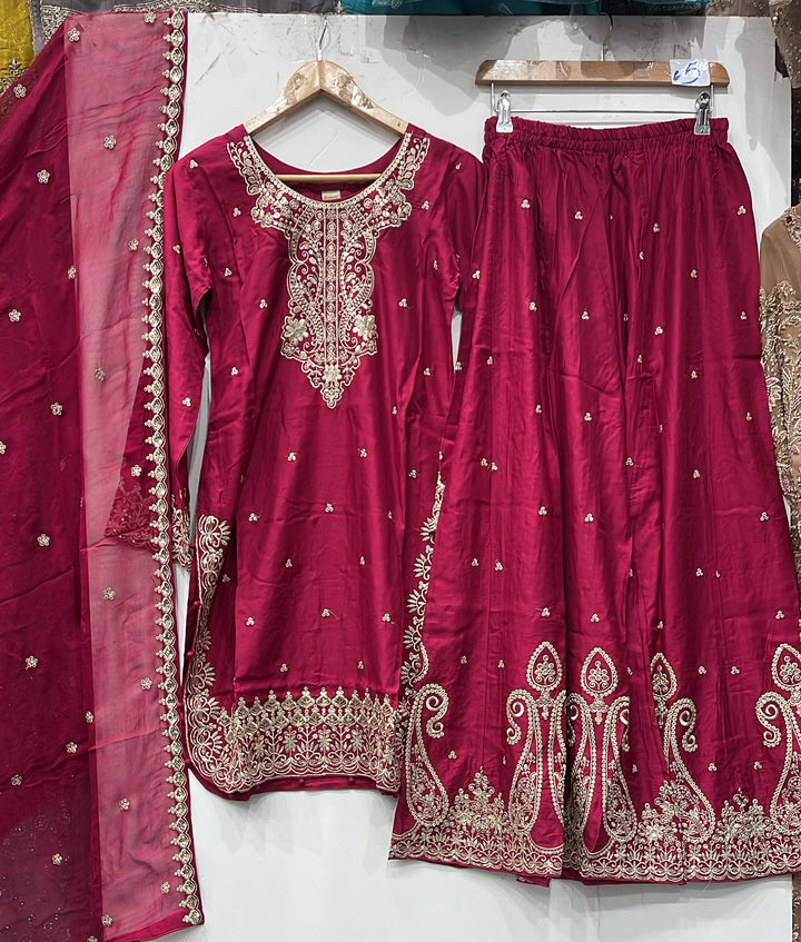 373B Pink Viscose Silk Embroidered Pakistani Suit with Chiffon Dupatta - East meets west clothing 