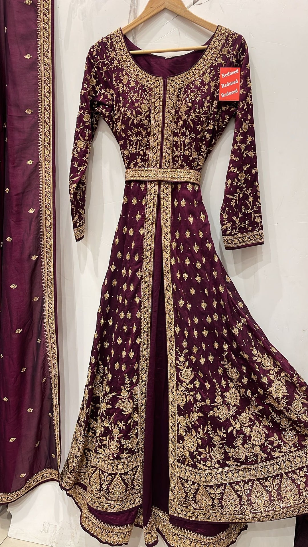 7041A - Dark Plum Raw Silk Embroidered Long Dress with Belt & Dupatta