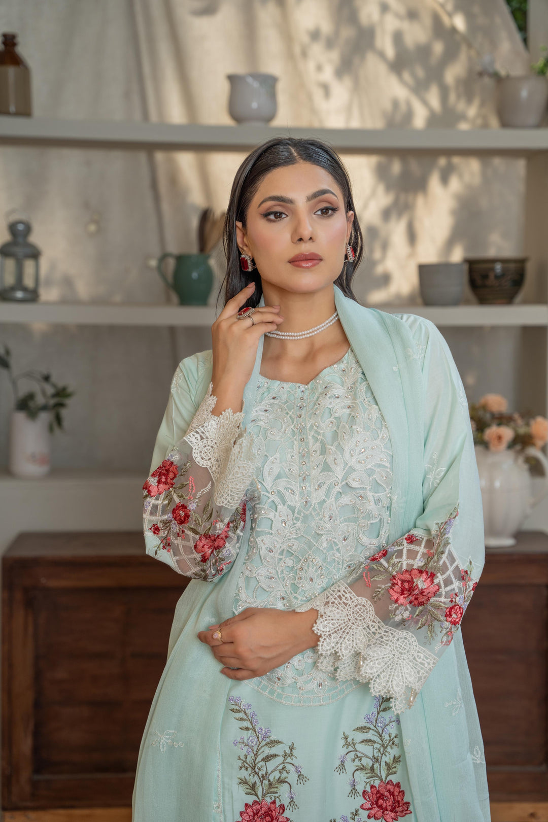 1141C - Light Blue Embroidered Linen 3 Piece suit