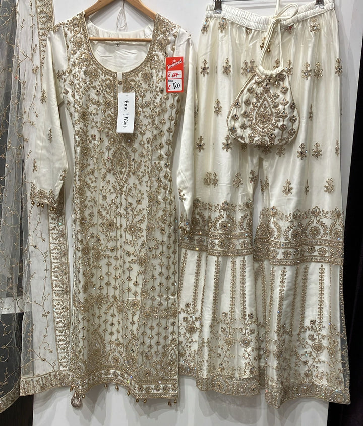 179E - CREAM EMBROIDERED & EMBELLISHED NET SUIT