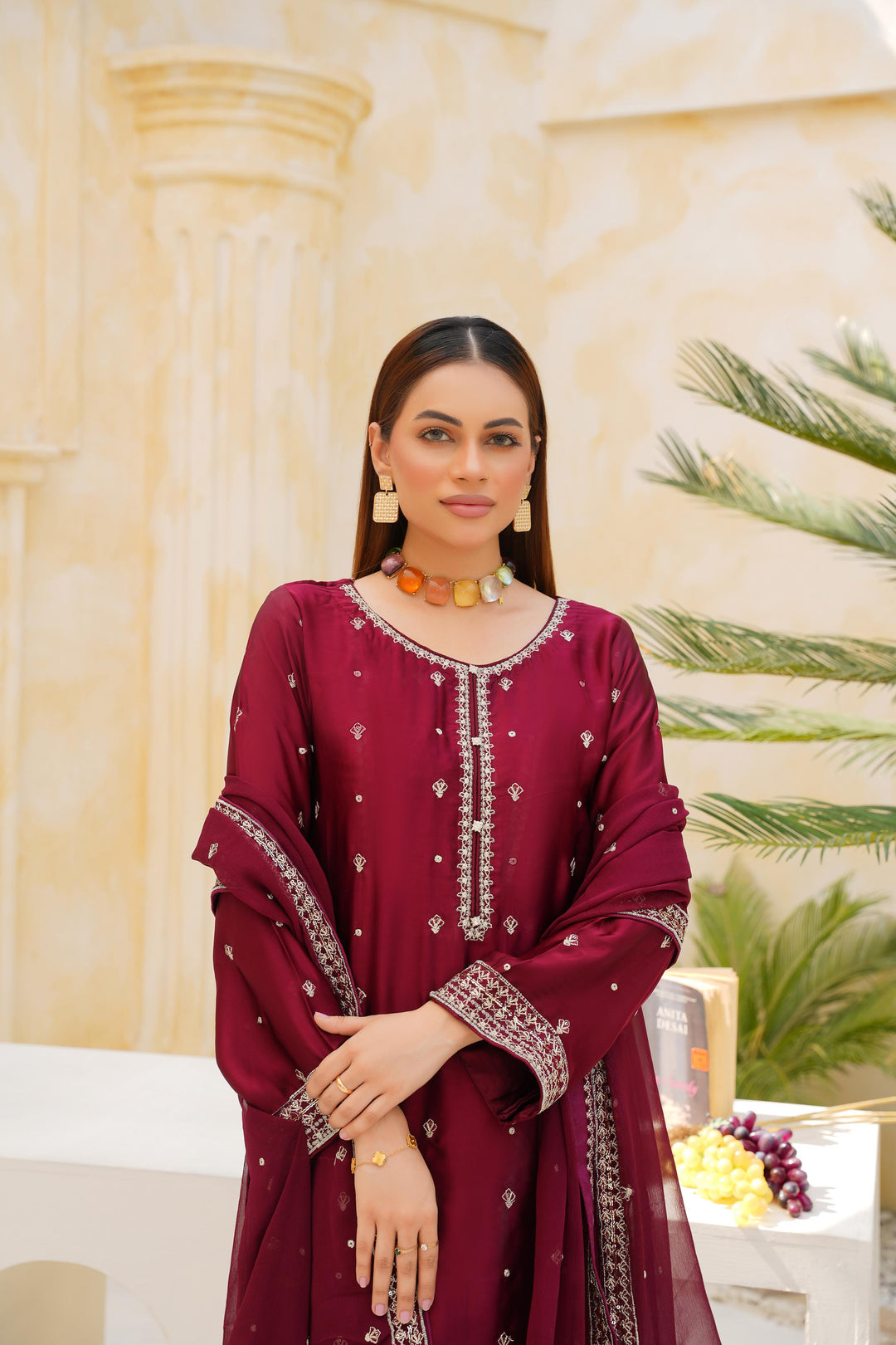 FN02 - Farshi Shalwar Maroon Silk Embroidered Suit