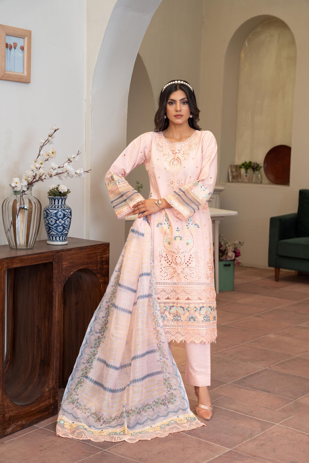 1142D - Peach Embroidered Linen 3 Piece suit