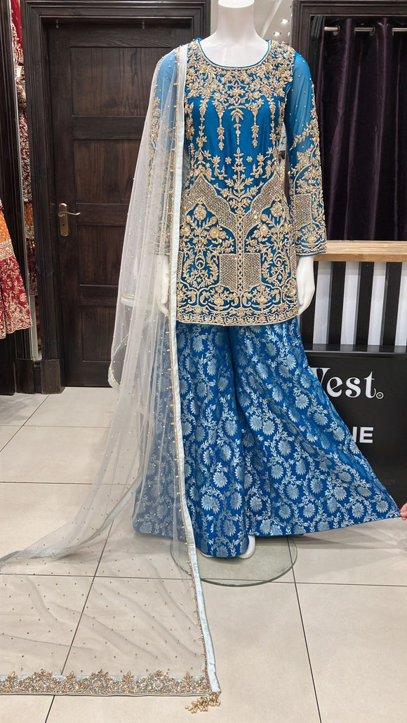 HEAVY EMBROIDERED & EMBELLISHED NET SHARARA SUIT MTO175