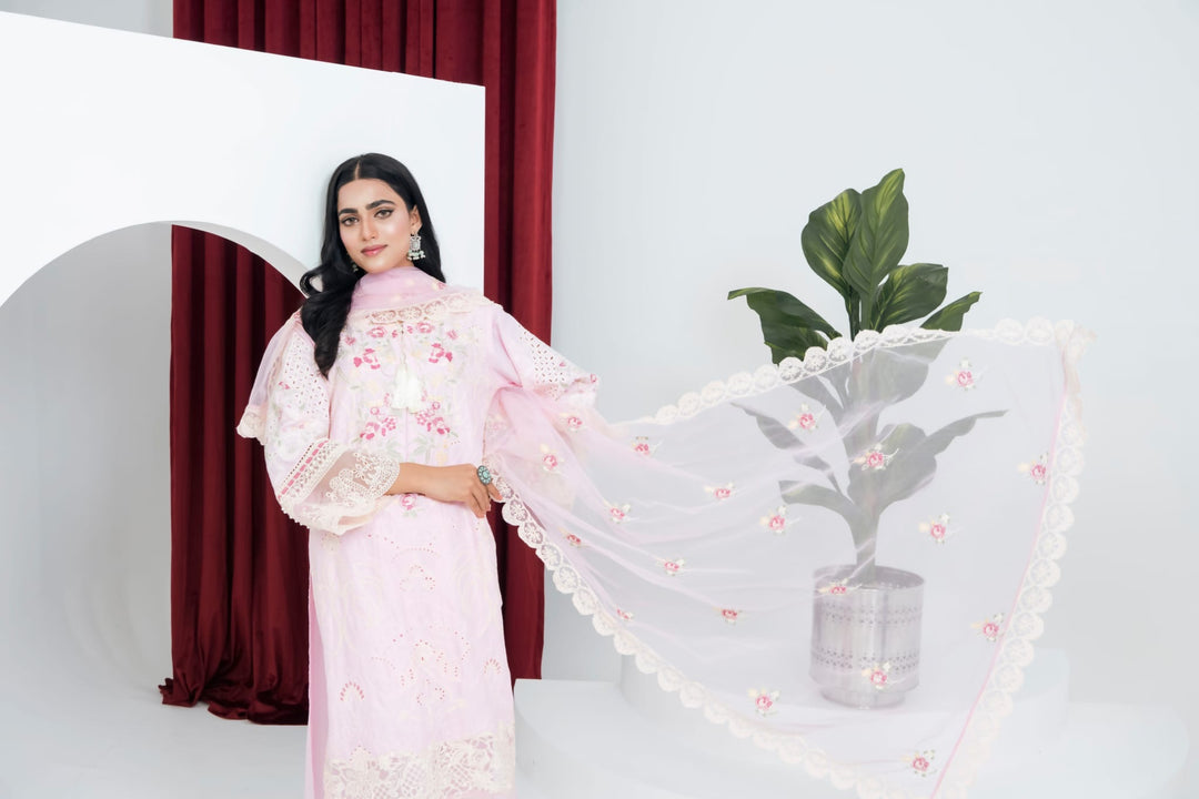 1163A - Pink Embroidered Linen 3 Piece suit