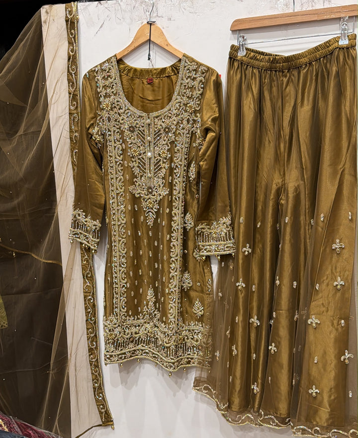 142A EMBROIDERED & EMBELLISHED NET 3 PIECE SUIT - East meets west clothing 