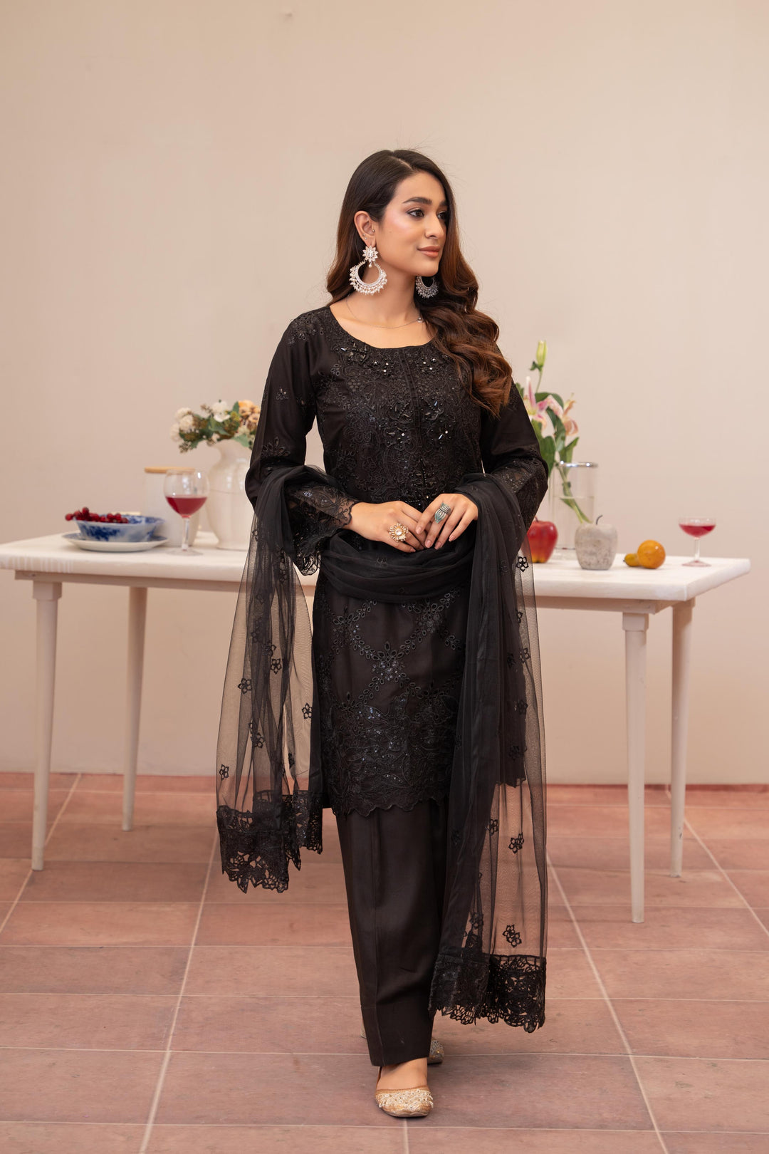 74K - Maria b inspired Black Farshi Shalwar Embroidered Linen suit