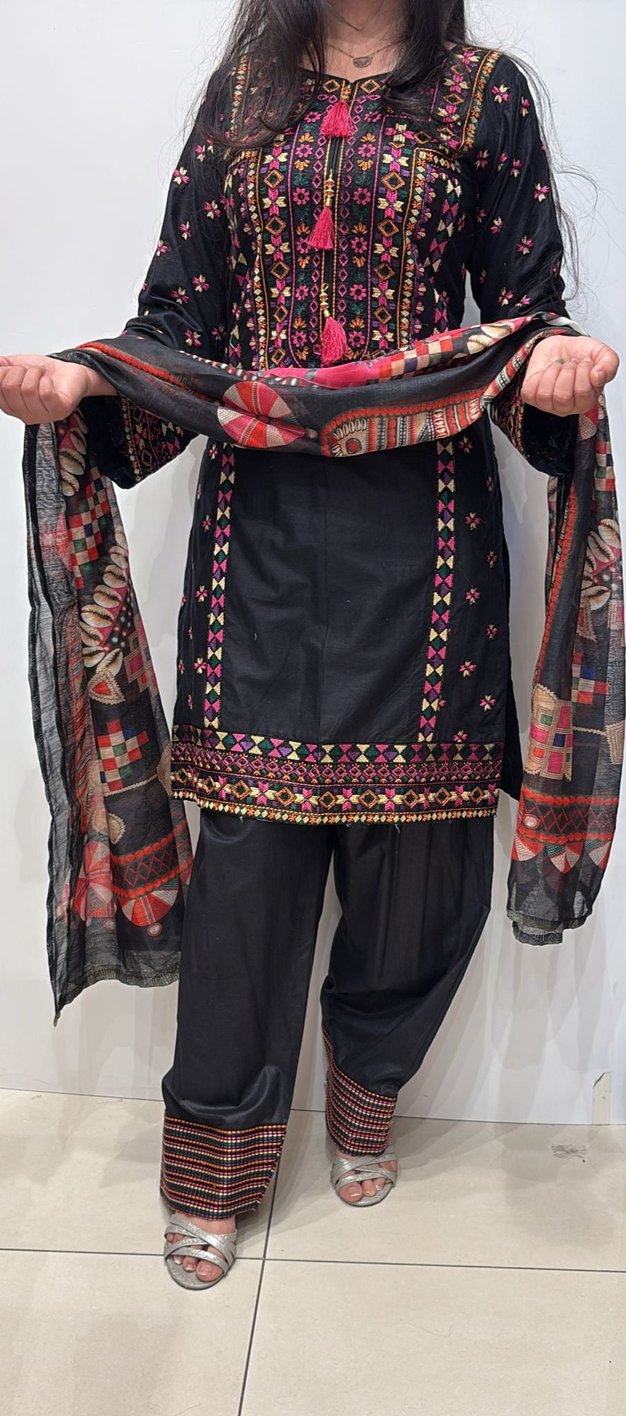FSL01- Black Farshi Shalwar Embroidered Cotton 3pc suit