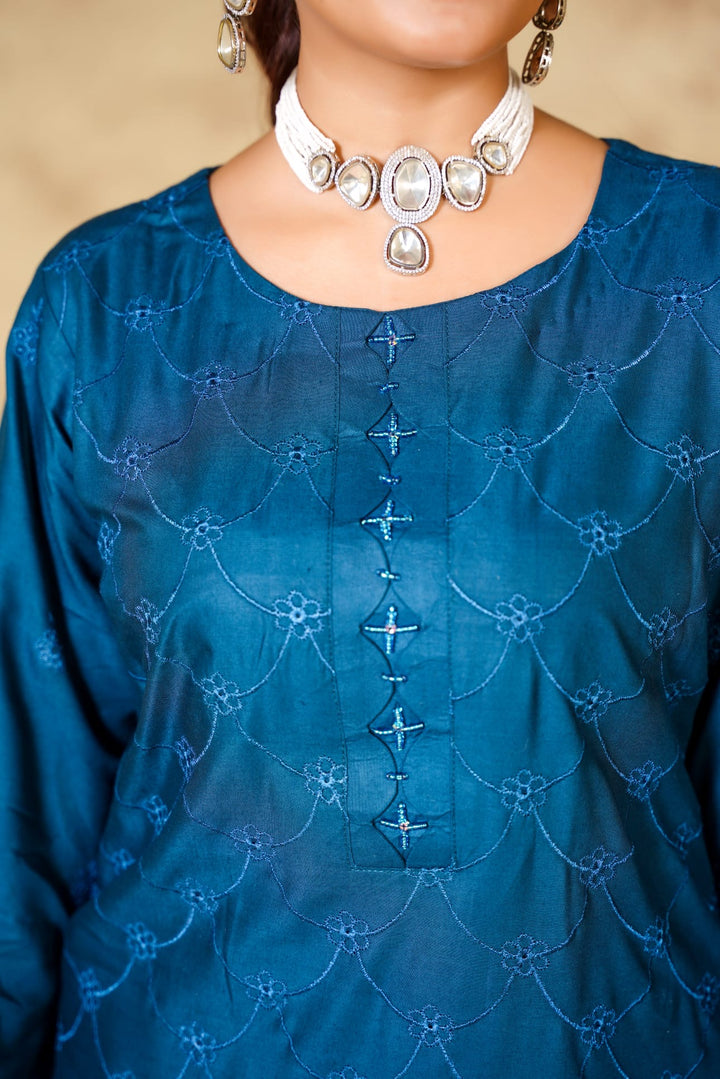 1167B - BLUE LINEN CHIKANKARI 3 PIECE SUIT