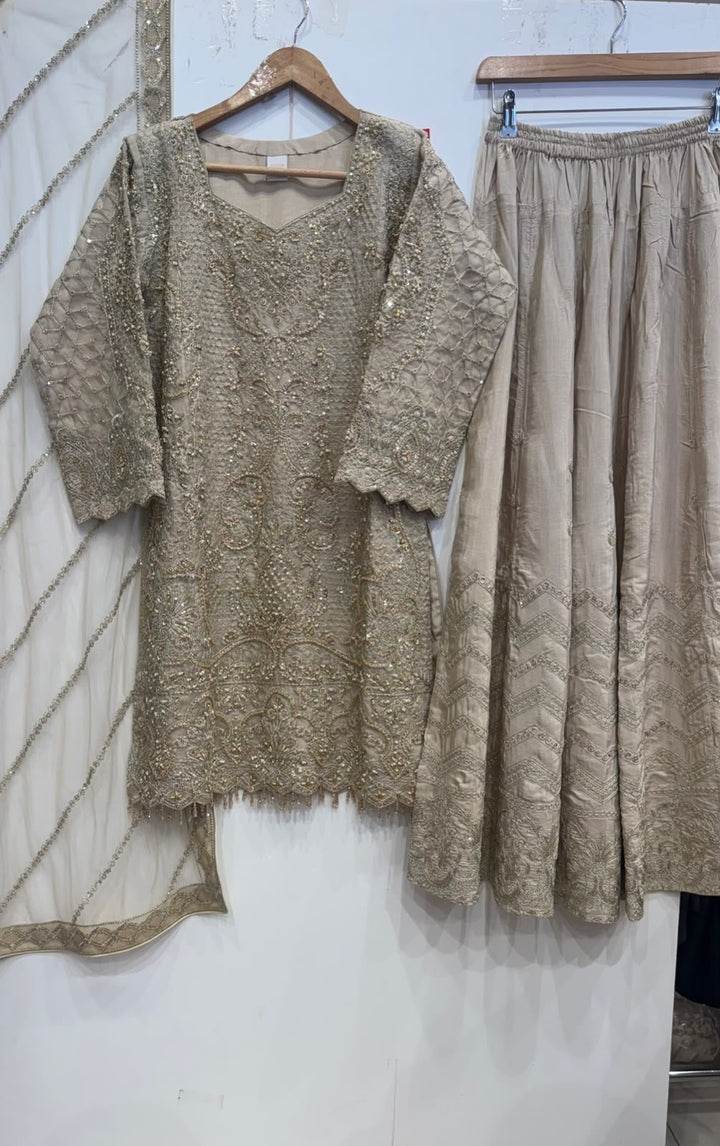 346A- Light Beige Embroidered Chiffon 3 Piece Suit