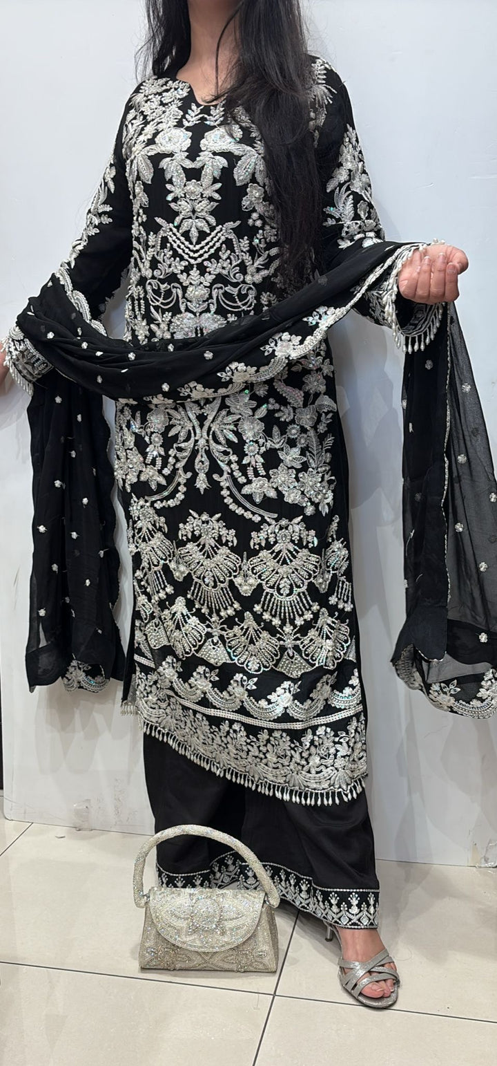 326C- Black Embroidered Chiffon 3 Piece Suit