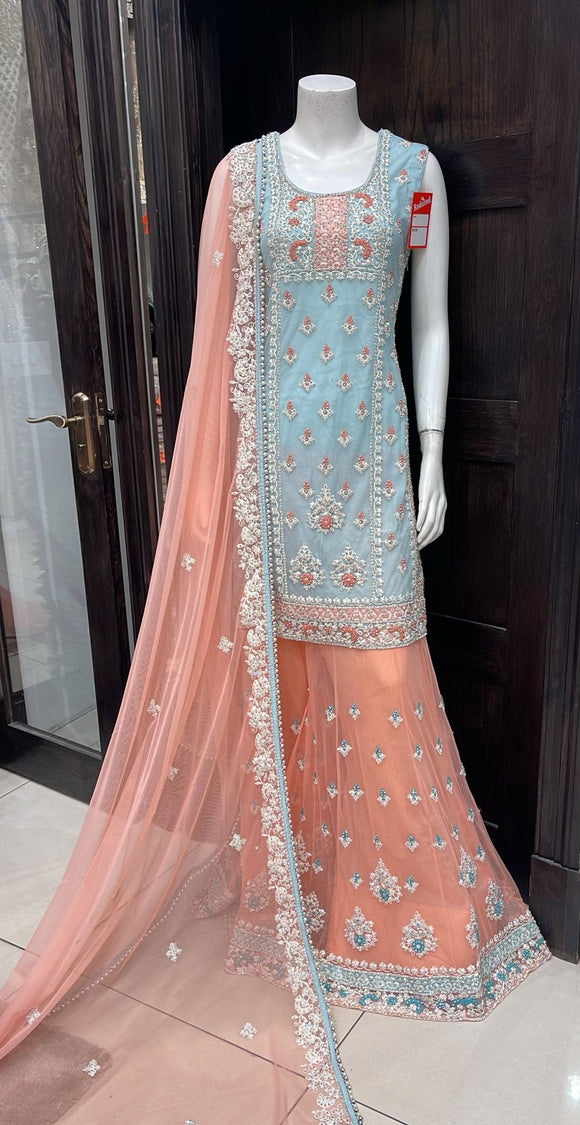 HEAVILY EMBROIDERED NET SHARARA SUIT 0180D