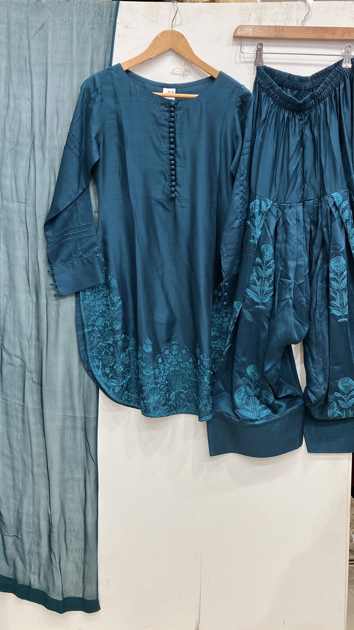 1113D - Teal Embroidered Viscose Farshi Shalwar 3 Piece suit