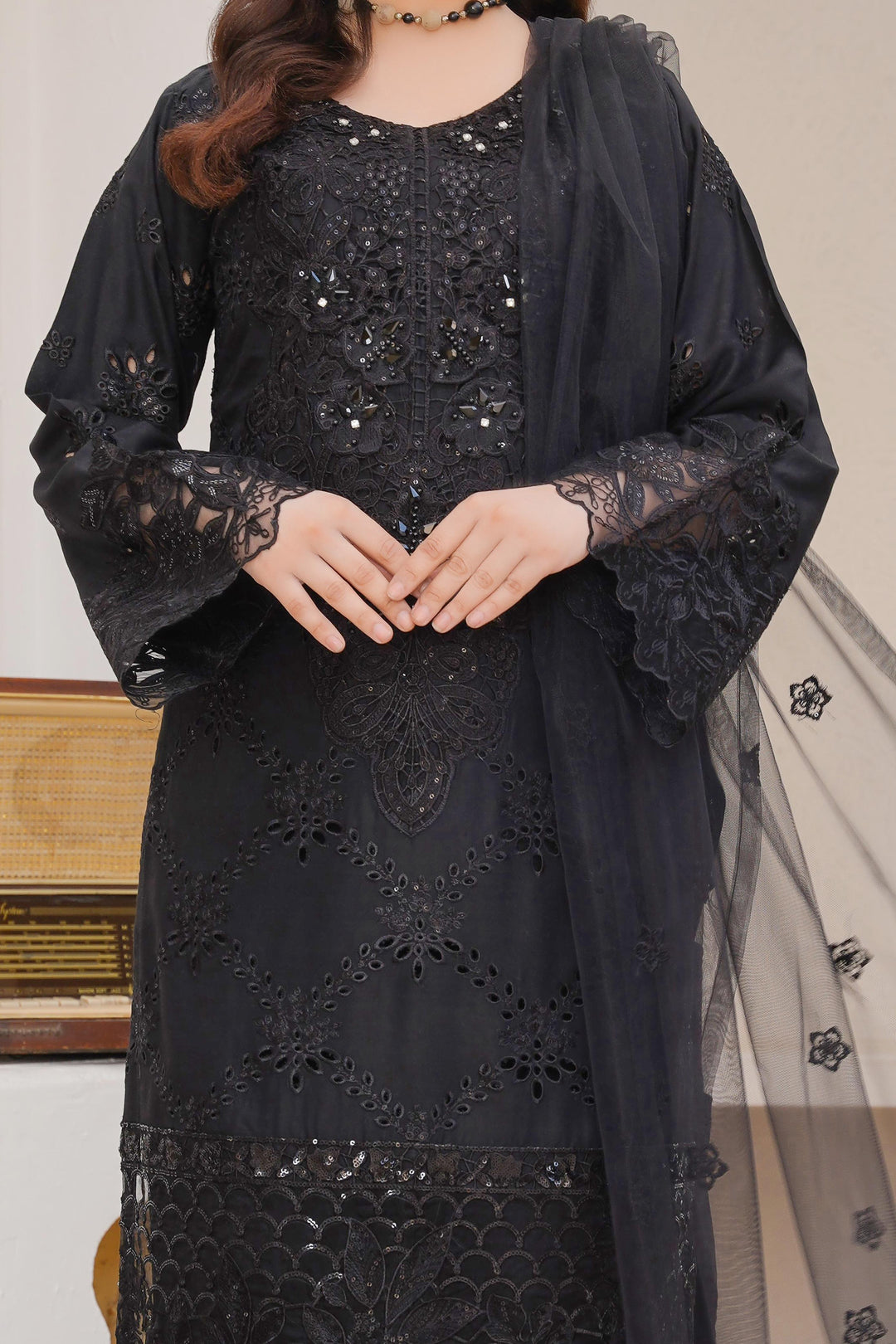 74D - Maria b inspired Black Embroidered Linen suit