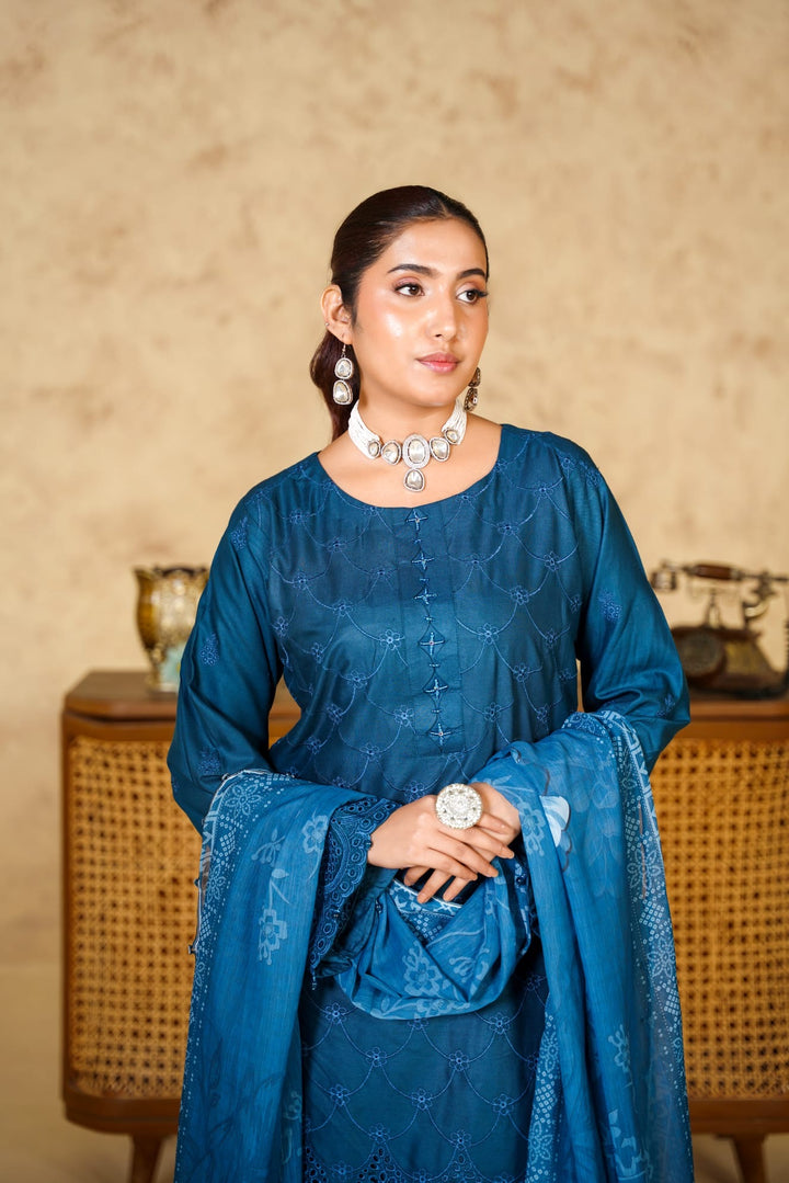 1167B - BLUE LINEN CHIKANKARI 3 PIECE SUIT